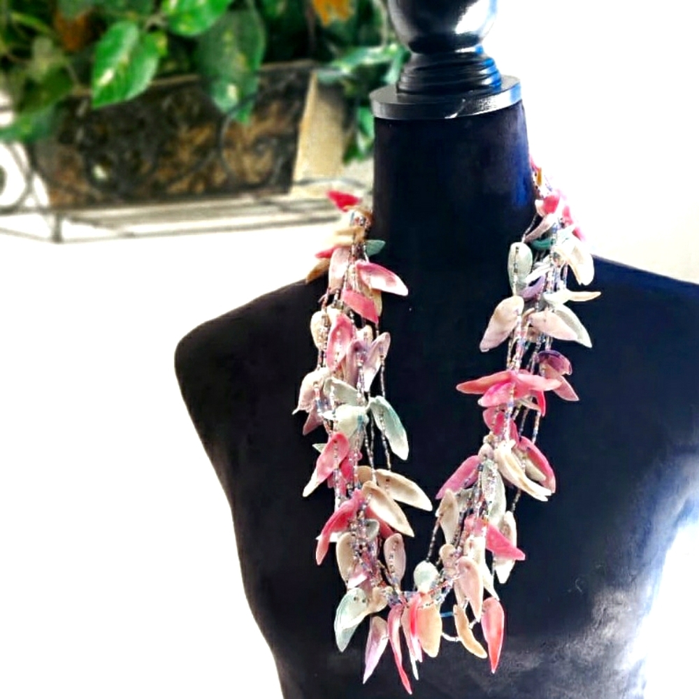 Vintage Pastel Shell Seed Bead Statement Necklace